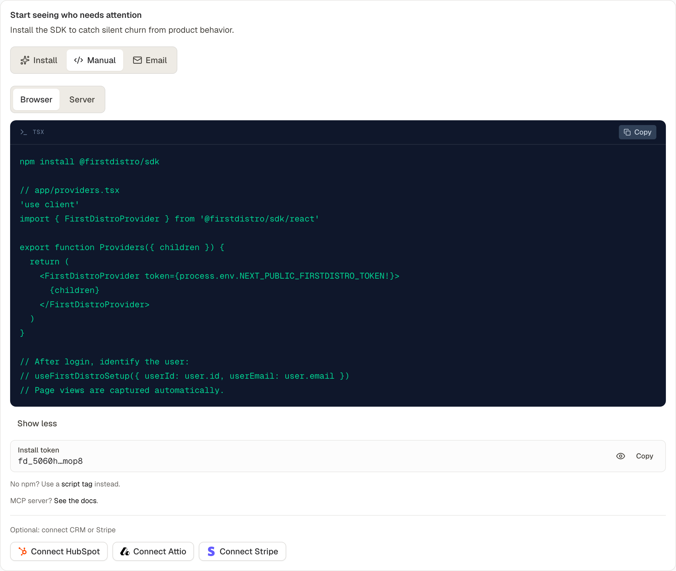 FirstDistro Manual tab with install snippet and pre-filled token.